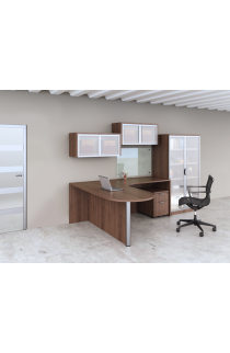 Bullet L shaped Desk with Wall Mounted Hutches and Full Size Storage Cabinet - Suite PL108