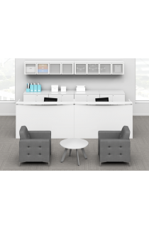 White Dual 12' Reception Station w/ Lateral File, Storage Cabinets, Wall Mounted Hutches Suite PL126