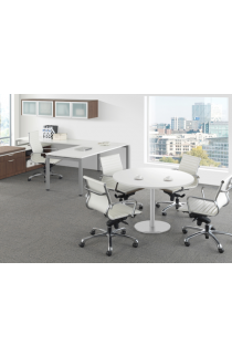 L Shaped U Leg Desk with Wall Mounted hutch, Lateral File and 42" Round Meeting Table - Suite PLT203