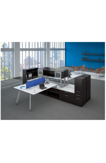 Quad V Leg Beveled Surface Workstation with Open Shelves, Lateral Files, Single Pedestal Book Case Combo Suite PLT221