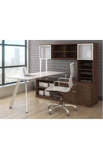 V Leg Beveled Surface Workstation with Hutch, Open Storage Shelves and Lateral File - Suite PLT222