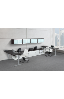Adjustable Height Work Station  with Wall Mounted Hutches, Lateral Files and Open Storage Shelves - Suite PLT223