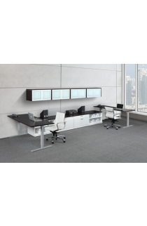 Adjustable Height Work Station with Wall Mounted Hutches, Lateral Files and Open Storage Shelves - Suite PLT223