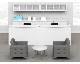 White Dual 12' Reception Station w/ Lateral File, Storage Cabinets, Wall Mounted Hutches Suite PL126