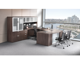 Bowfront U Shaped Desk with Credenza,Hutch and Storage Cabinet Lateral File Combo Suite PL128