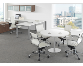 L Shaped U Leg Desk with Wall Mounted hutch, Lateral File and 42" Round Meeting Table - Suite PLT203