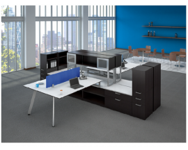 Quad V Leg Beveled Surface Workstation with Open Shelves, Lateral Files, Single Pedestal Book Case Combo Suite PLT221