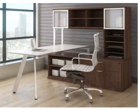 V Leg Beveled Surface Workstation with Hutch, Open Storage Shelves and Lateral File - Suite PLT222