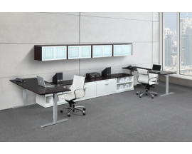 Adjustable Height Work Station with Wall Mounted Hutches, Lateral Files and Open Storage Shelves - Suite PLT223