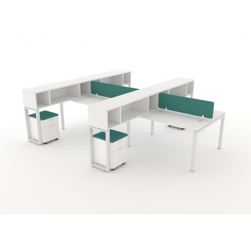 NEW L Shaped Benching Station with Overhead Hutch + Mobile Pedestal