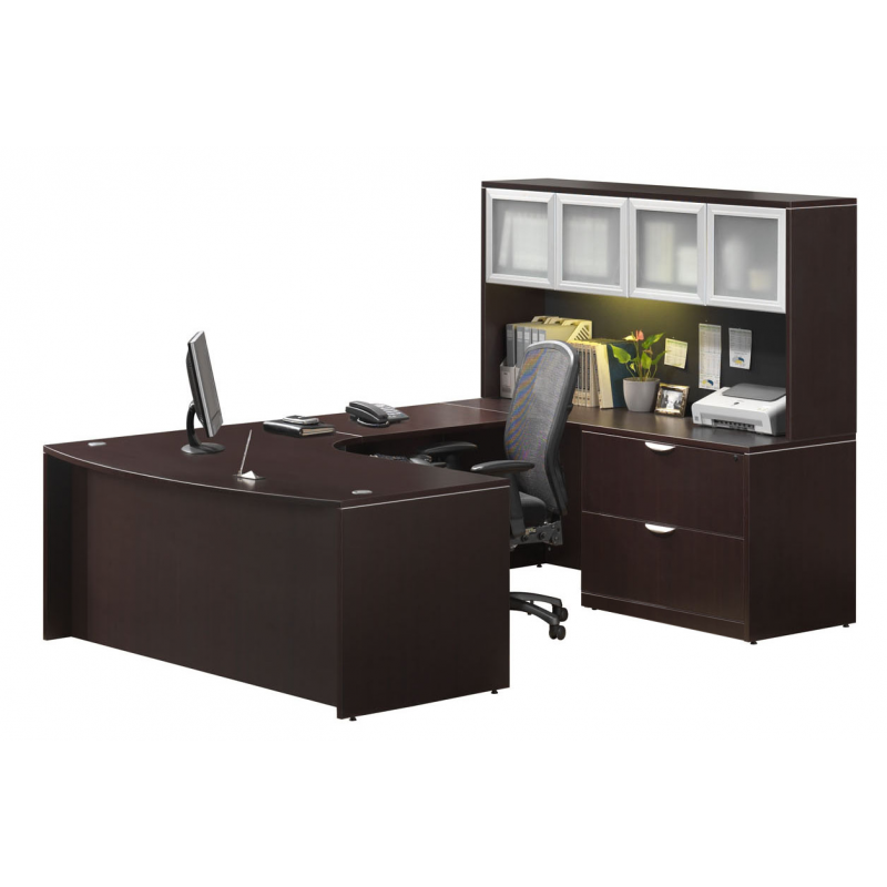 Bowfront Corner Extended U Shape Desk with Hutch and Lateral File Suite PL102