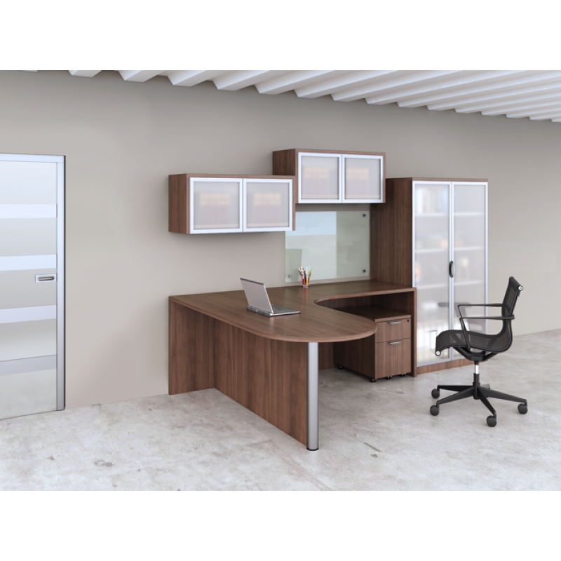 Bullet L shaped Desk with Wall Mounted Hutches and Full Size Storage Cabinet - Suite PL108