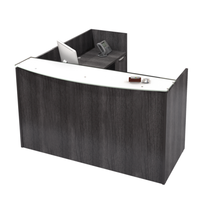 72" x 72" L Shaped Reception Desk, Glass Transaction Top, With Storage options Suite PL124