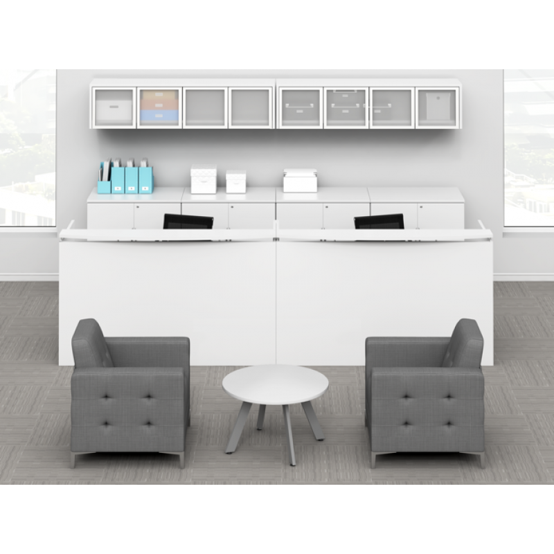 White Dual 12' Reception Station w/ Lateral File, Storage Cabinets, Wall Mounted Hutches Suite PL126
