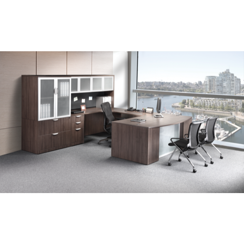 Bowfront U Shaped Desk with Credenza,Hutch and Storage Cabinet Lateral File Combo Suite PL128