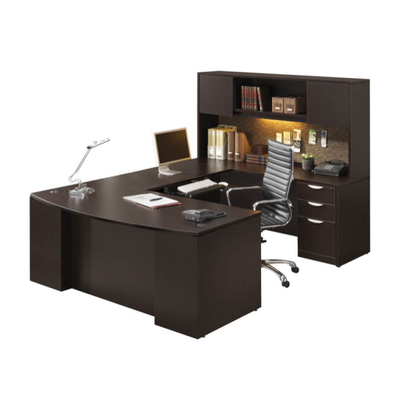 72" Bow Front U Shaped Desk w/ Credenza and Hutch Suite PL129