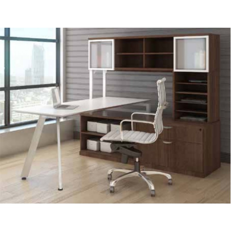 V Leg Beveled Surface Workstation with Hutch, Open Storage Shelves and Lateral File - Suite PLT222