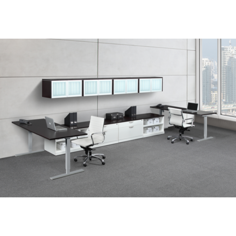 Adjustable Height Work Station with Wall Mounted Hutches, Lateral Files and Open Storage Shelves - Suite PLT223